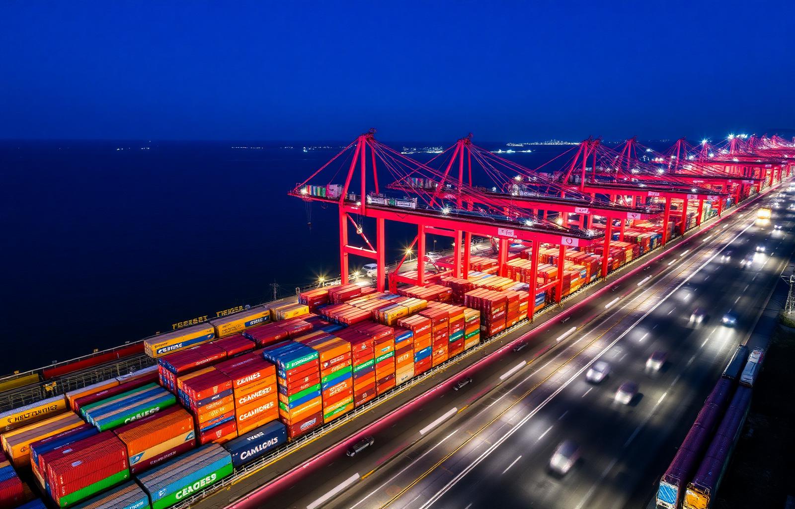 International shipping port at night